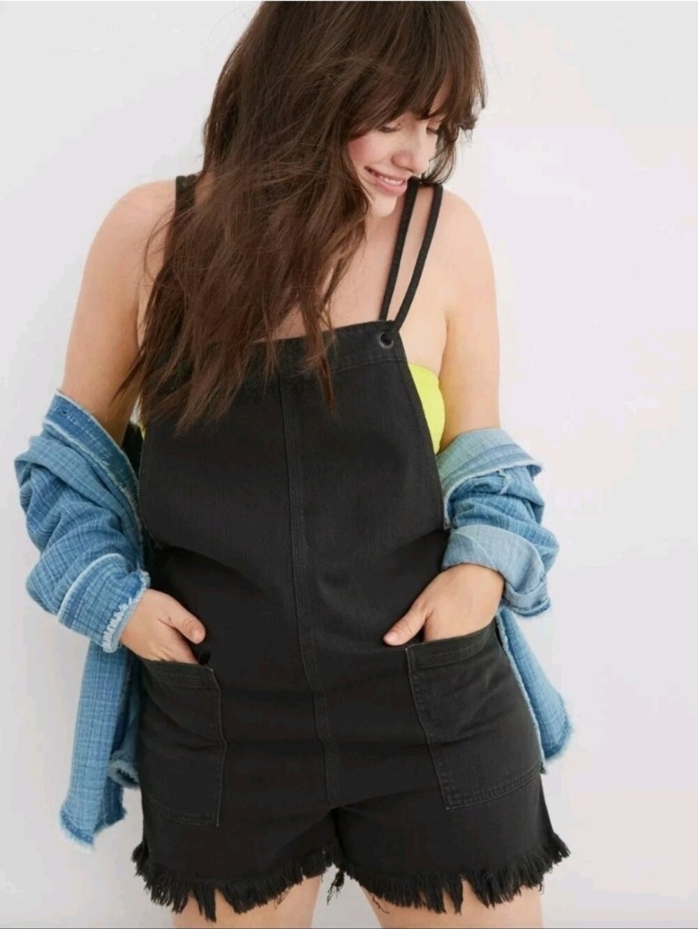 Aerie Pool To Party Denim Shortalls Shorts Romper Small Gray/ Washed Black